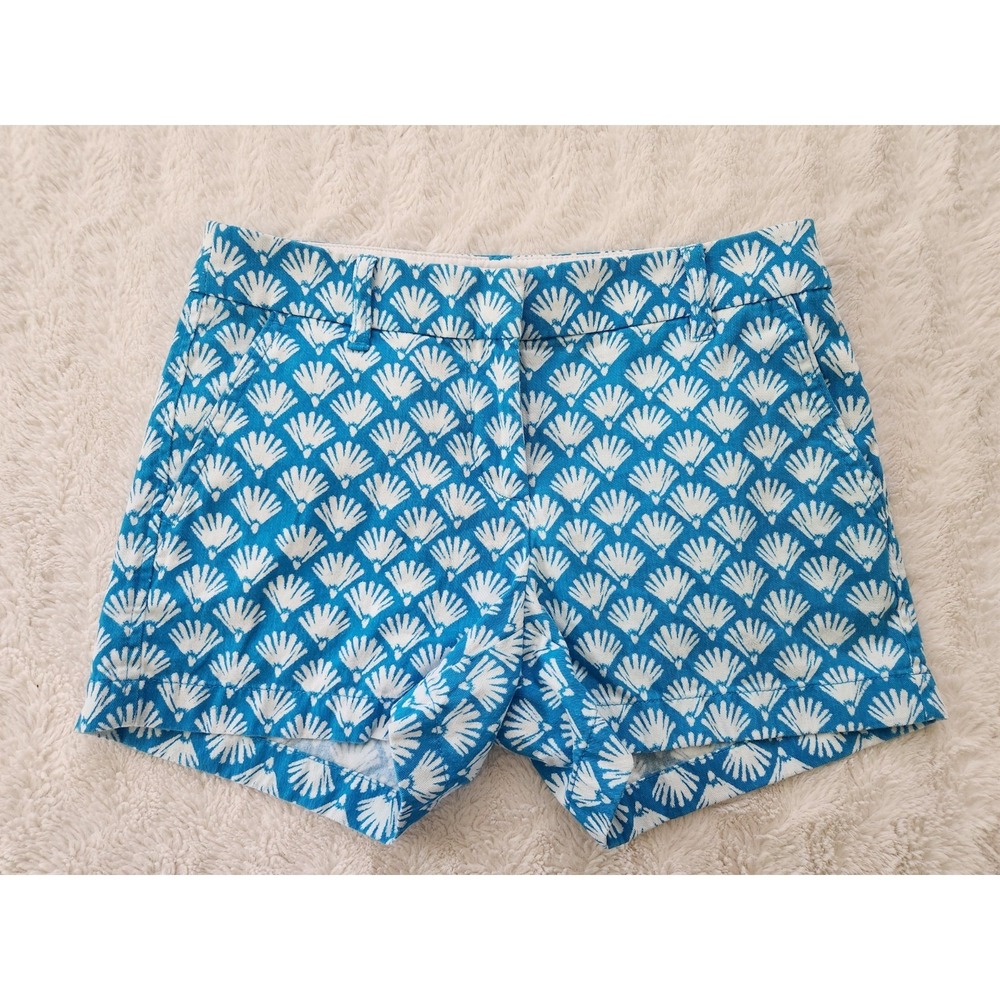 J.Crew Chino Shorts Women Size 0 Blue White Scallop Fan Print Summer Nautical 3"